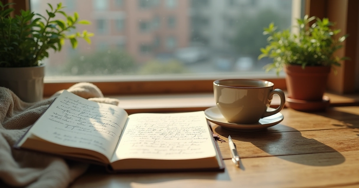 Cuaderno y taza de té en espacio sereno