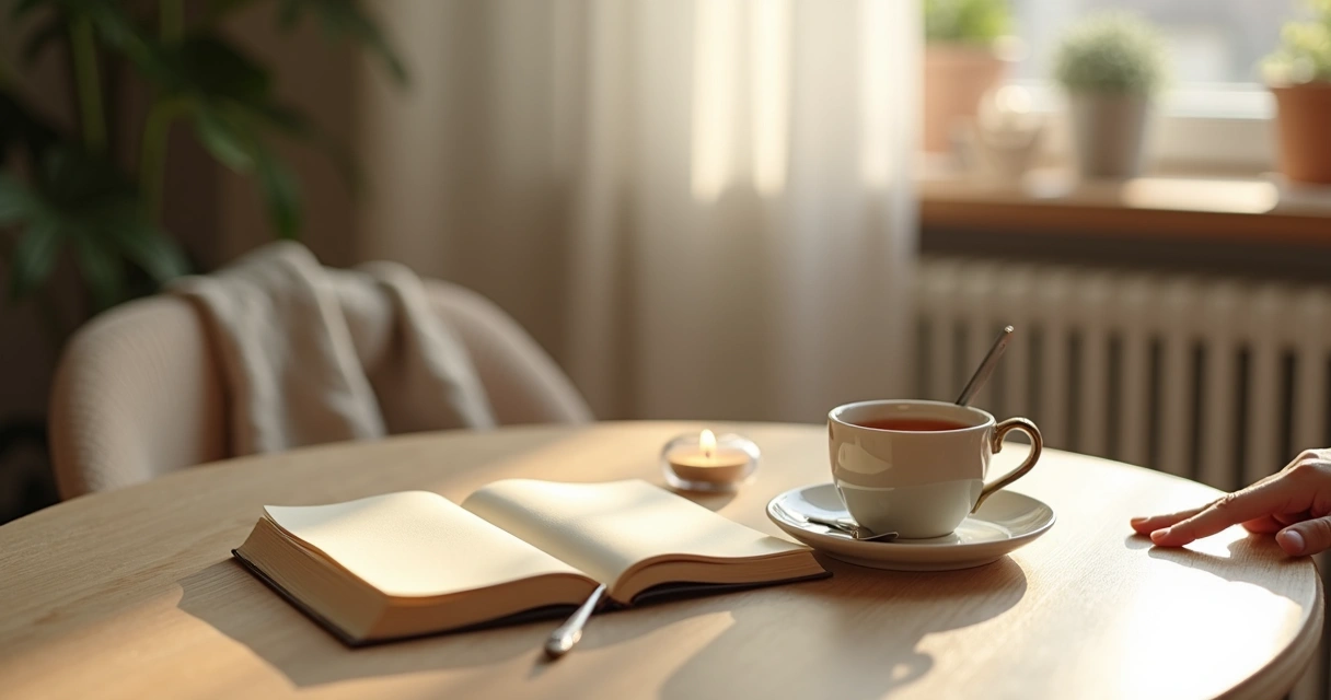 Cuaderno abierto y taza de té en un rincón tranquilo 
