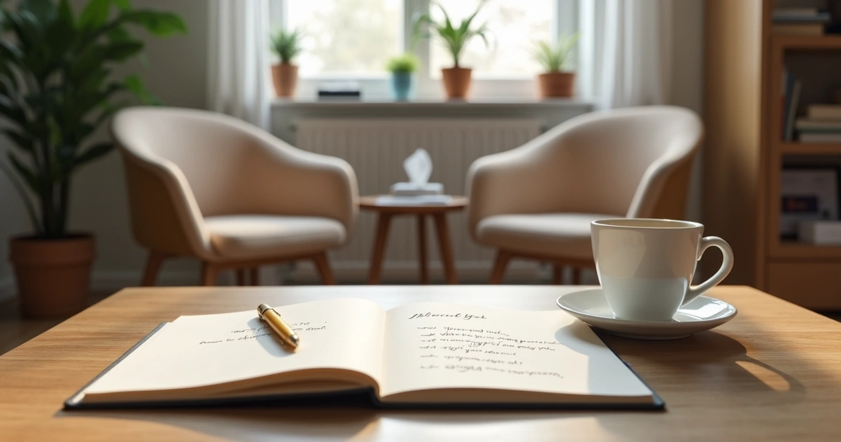 Cuaderno abierto junto a una sesión terapéutica en sala tranquila 