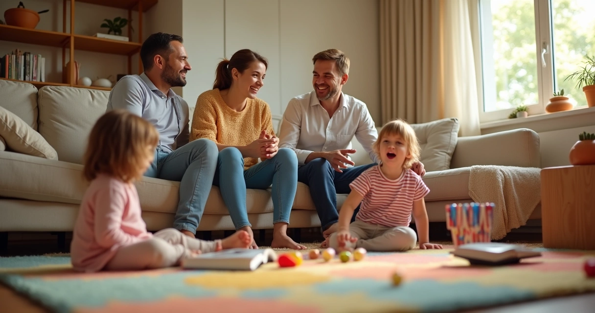 Familia sentada en sala, niños jugando y adultos conversando