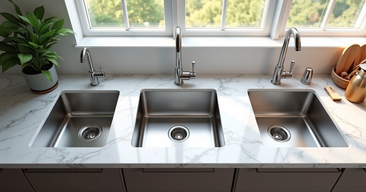 Diferentes modelos de cuba de inox próximos em bancada de cozinha 