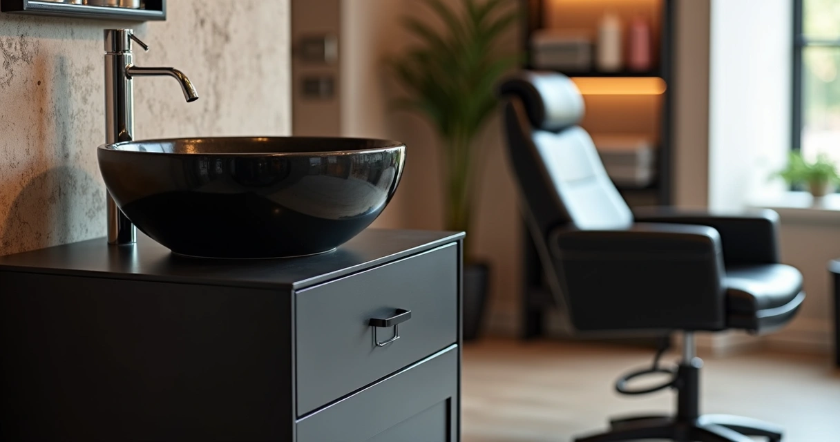Cuba preta para lavatório em ambiente de salão com cadeira reclinável ao lado 