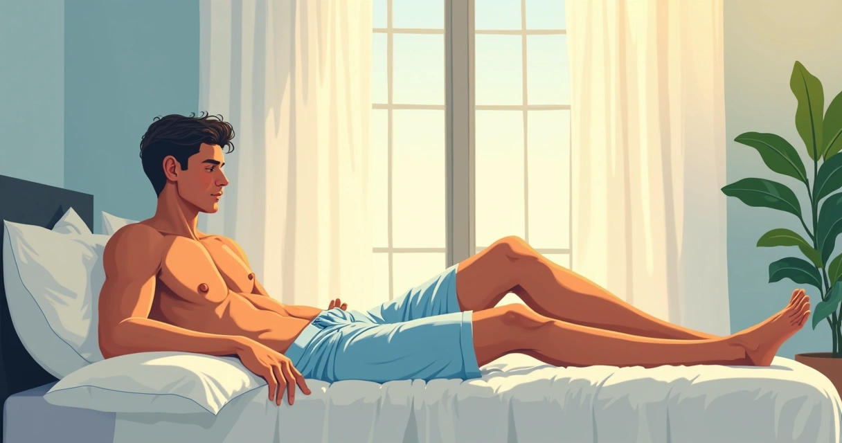 Homem vestindo samba canção de algodão azul claro, sentado em uma cama de lençol branco.