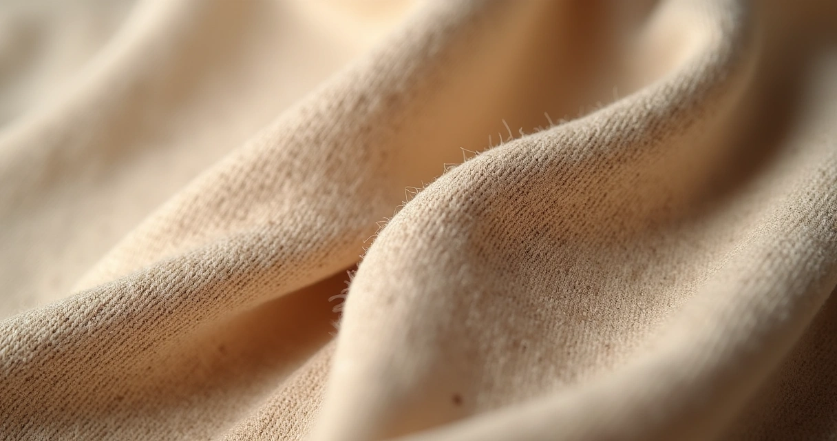 Tecido de cueca ecológico, fibras naturais visíveis, tom suave