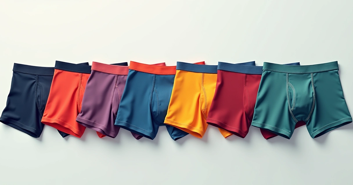 Várias cuecas boxer masculinas coloridas alinhadas lado a lado