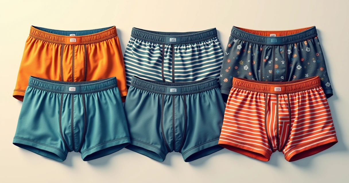 Várias cuecas de algodão estampadas e lisas lado a lado