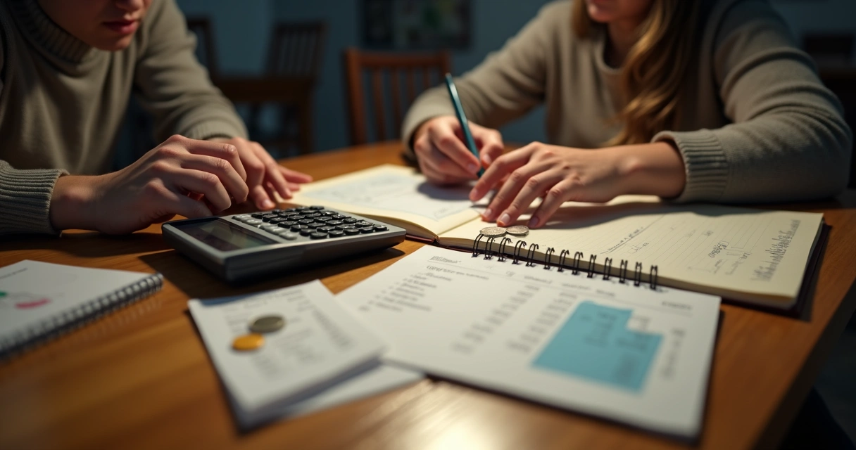 Manos revisando cuentas y gastos en una mesa familiar 