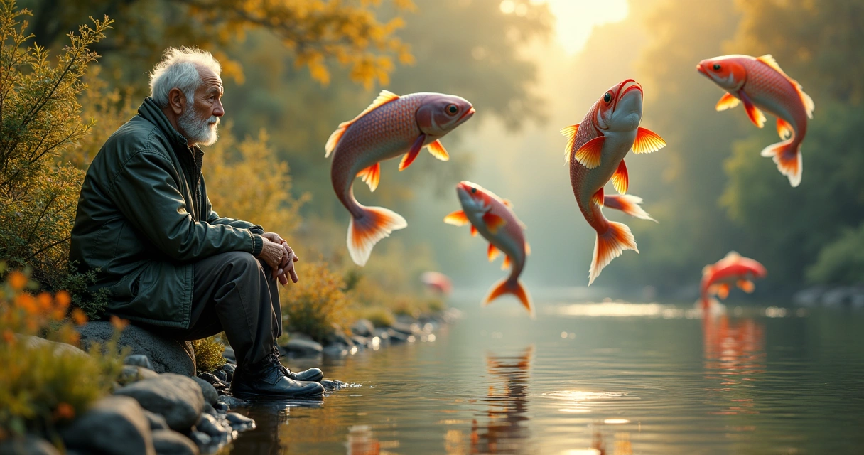Hombre mayor sentado a la orilla de un río, con peces grandes y elementos fantásticos a su alrededor
