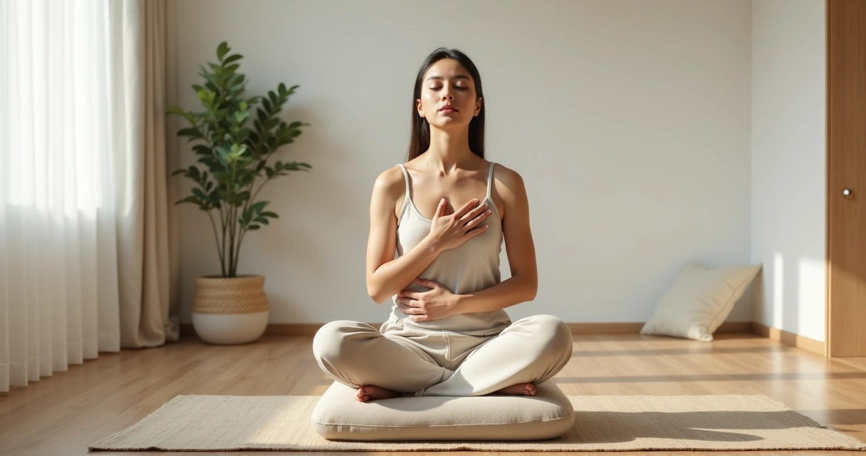 Persona sentada en silencio con atención en el cuerpo y la respiración 