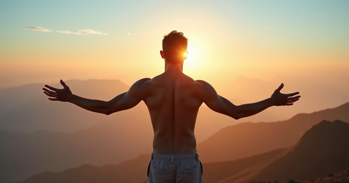 Persona de espaldas en la montaña con postura abierta de conexión cuerpo mente 