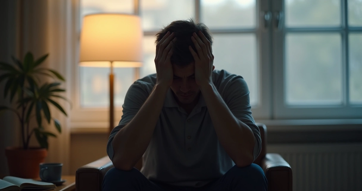 Persona sentada en una silla, con manos en la cabeza, mostrando cansancio, fondo luminoso 