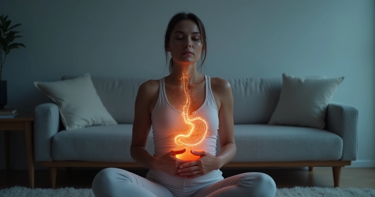 Persona sentada con ojos cerrados, reconociendo sensaciones en el pecho y abdomen while light flows connect different body parts 