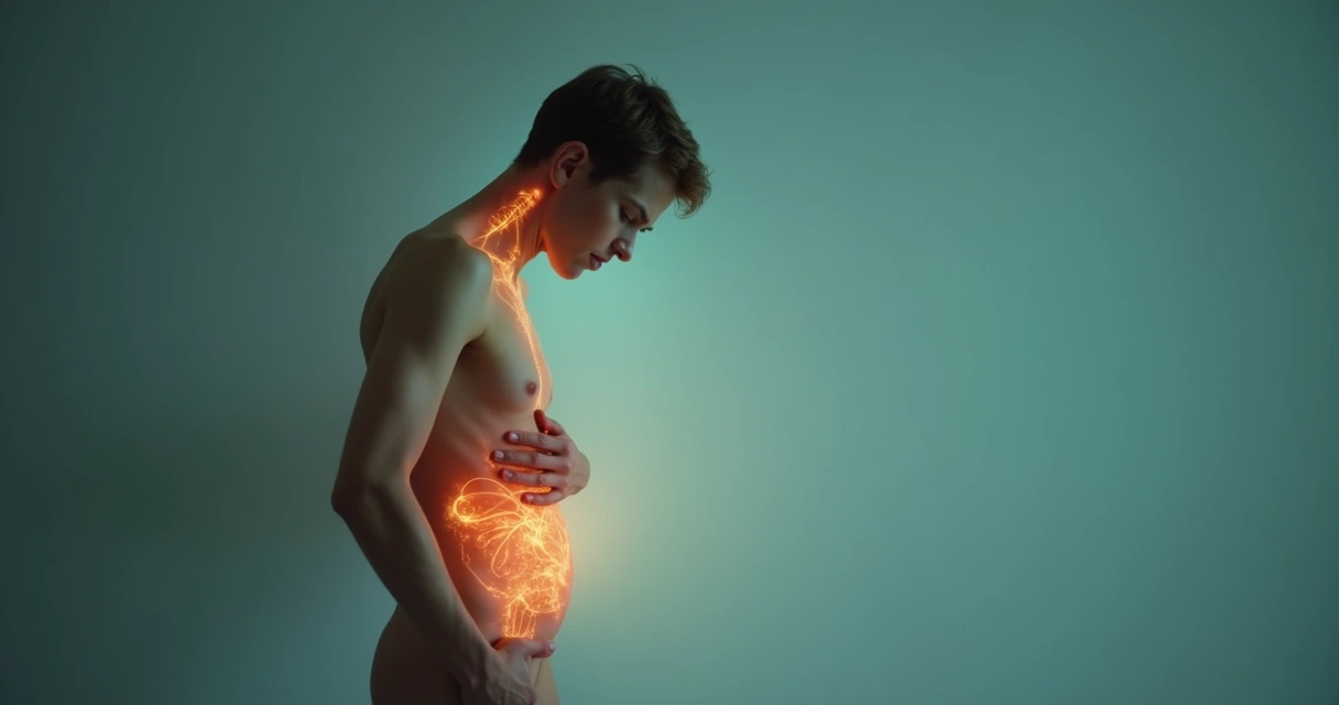 Persona sosteniendo silueta luminosa reflejada en su propio cuerpo con zonas de tensión 