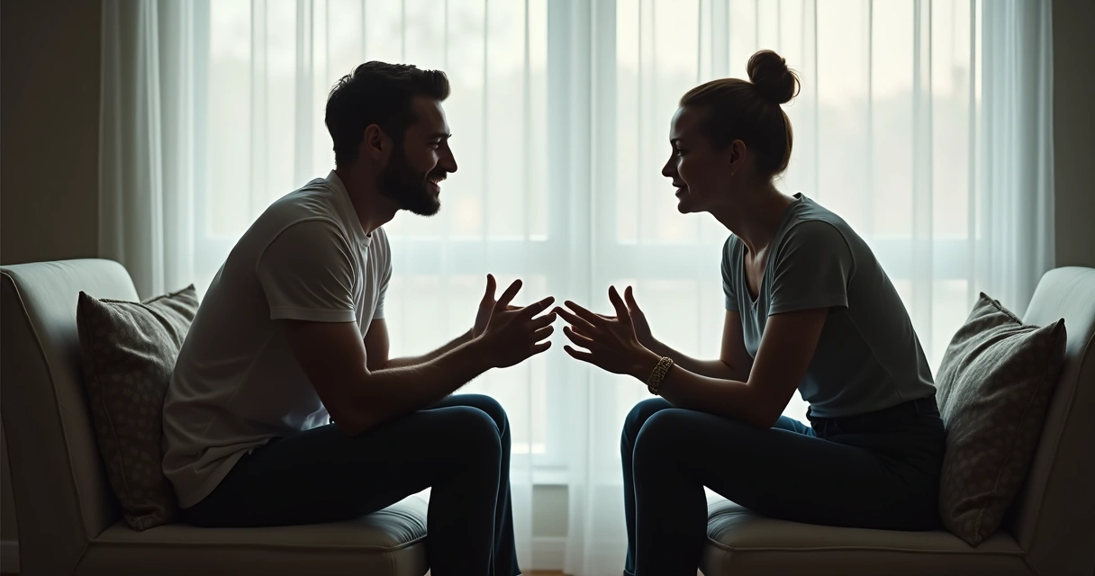 Dos personas conversando sentadas y mostrando posturas abiertas y relajadas, con sus cuerpos levemente inclinados uno hacia el otro, en una sala iluminada. 