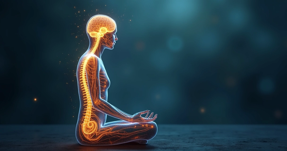 Silhouette of a seated person with highlighted brain and body connections 