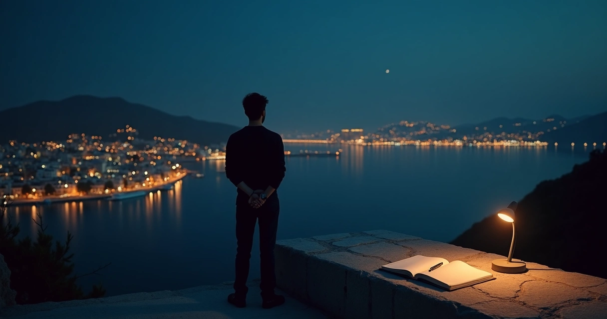 Silueta observando desde lo alto una bahía nocturna iluminada 