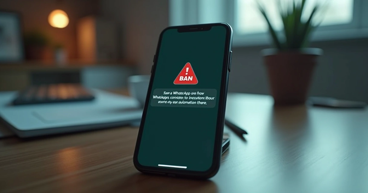 Aviso de banimento no WhatsApp em tela de celular, com mensagem de alerta. 