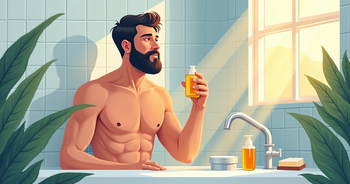 Homem cuidando da barba em um banheiro iluminado, com produtos de cuidado e plantas ao fundo.