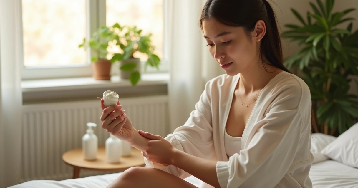 Mujer aplicando crema hidratante en la piel de su brazo