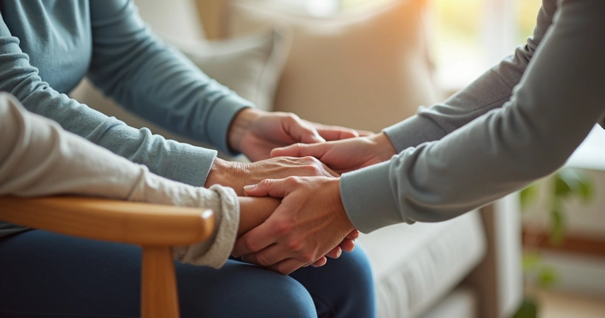 Mãos de familiares apoiando pessoa idosa sentada