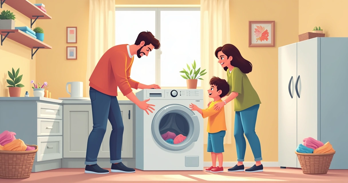 Família cuidando da máquina de lavar em casa 