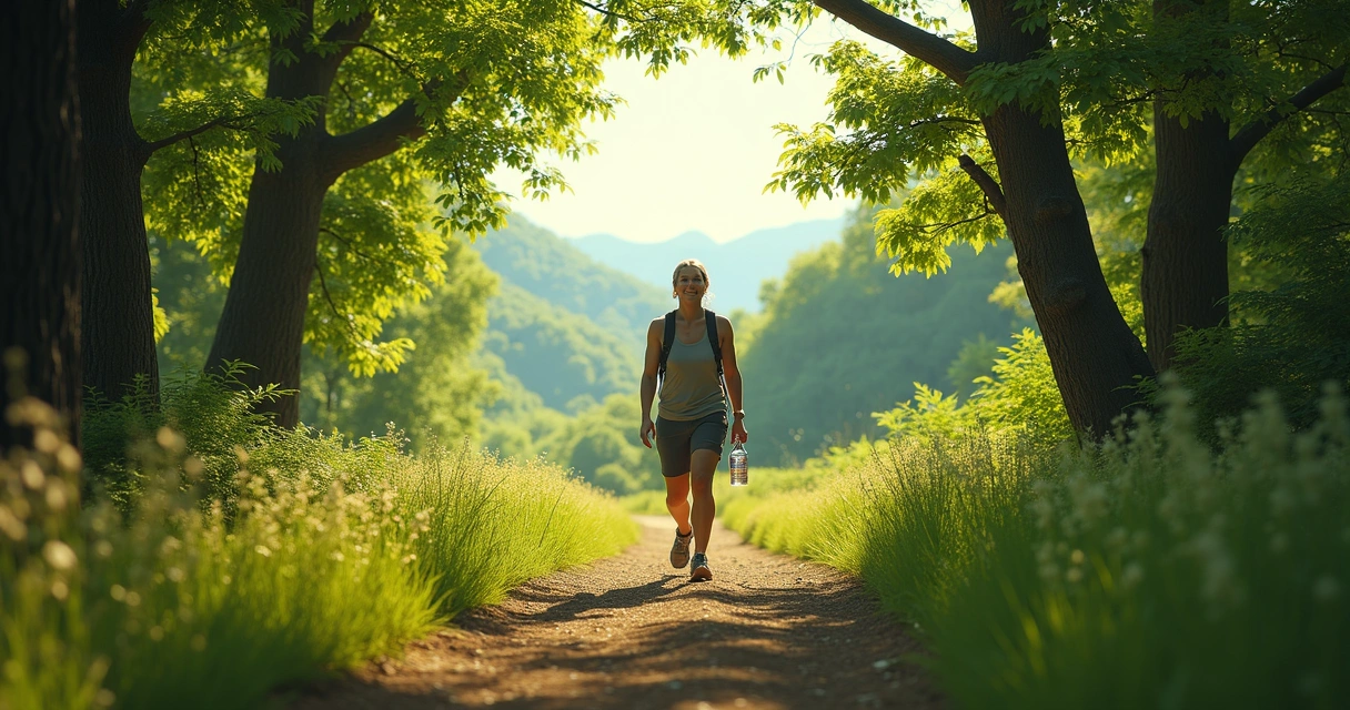 Pessoa caminhando em trilha cercada de árvores 