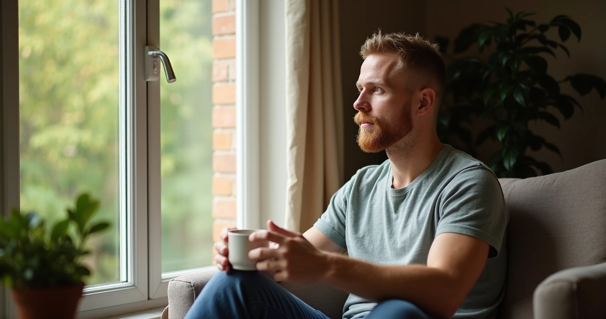 Homem com expressão leve, sentado, tomando chá e olhando pela janela 
