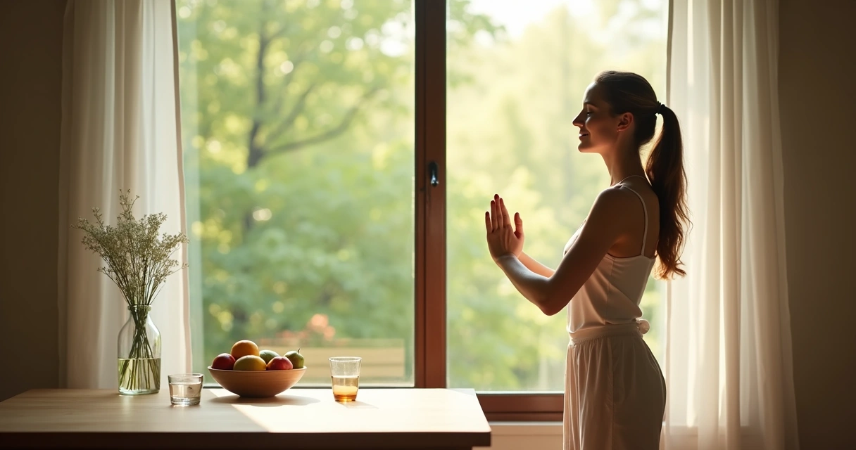 Persona realizando una rutina matutina saludable junto a la ventana 