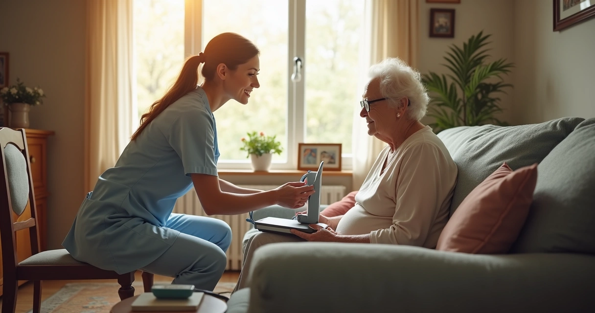 Profissional realizando exame cardíaco em casa de paciente 