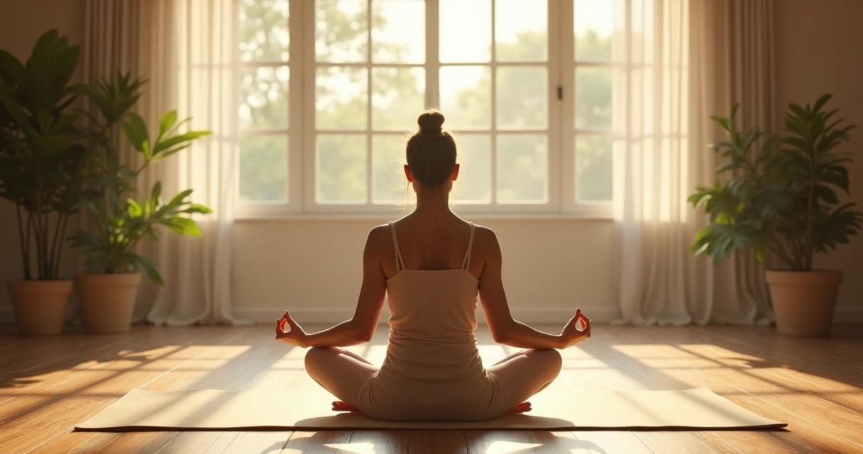 Persona sentada sobre una manta meditando en una habitación serena con luz cálida y plantas 