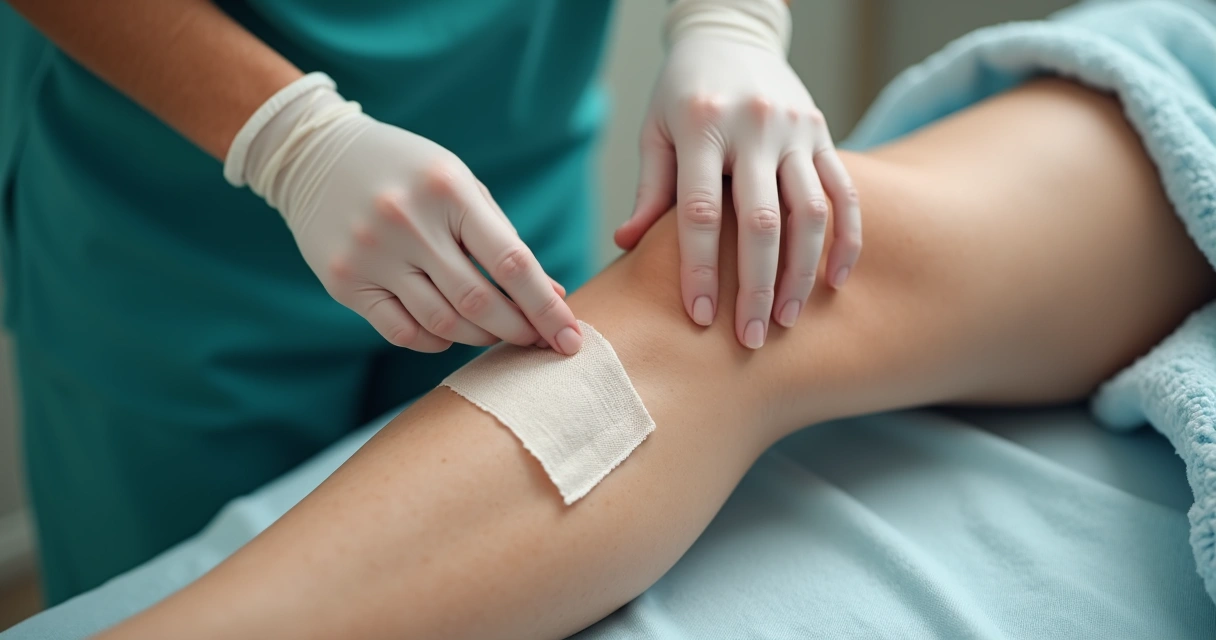 Cuidados delicados com as incisões das pernas no pós-operatório de varizes, mãos segurando uma toalha limpa ao lado de perna com curativo 