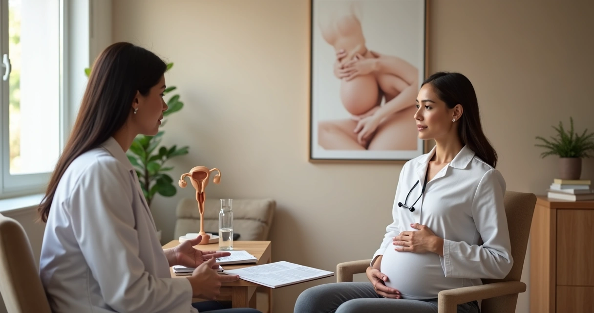 Médica ginecologista conversando com paciente em consultório acolhedor. 