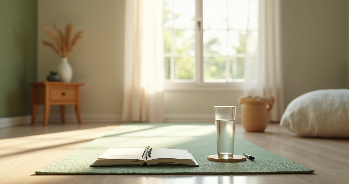 Caderno, copo de água e tapete de prática em ambiente calmo 