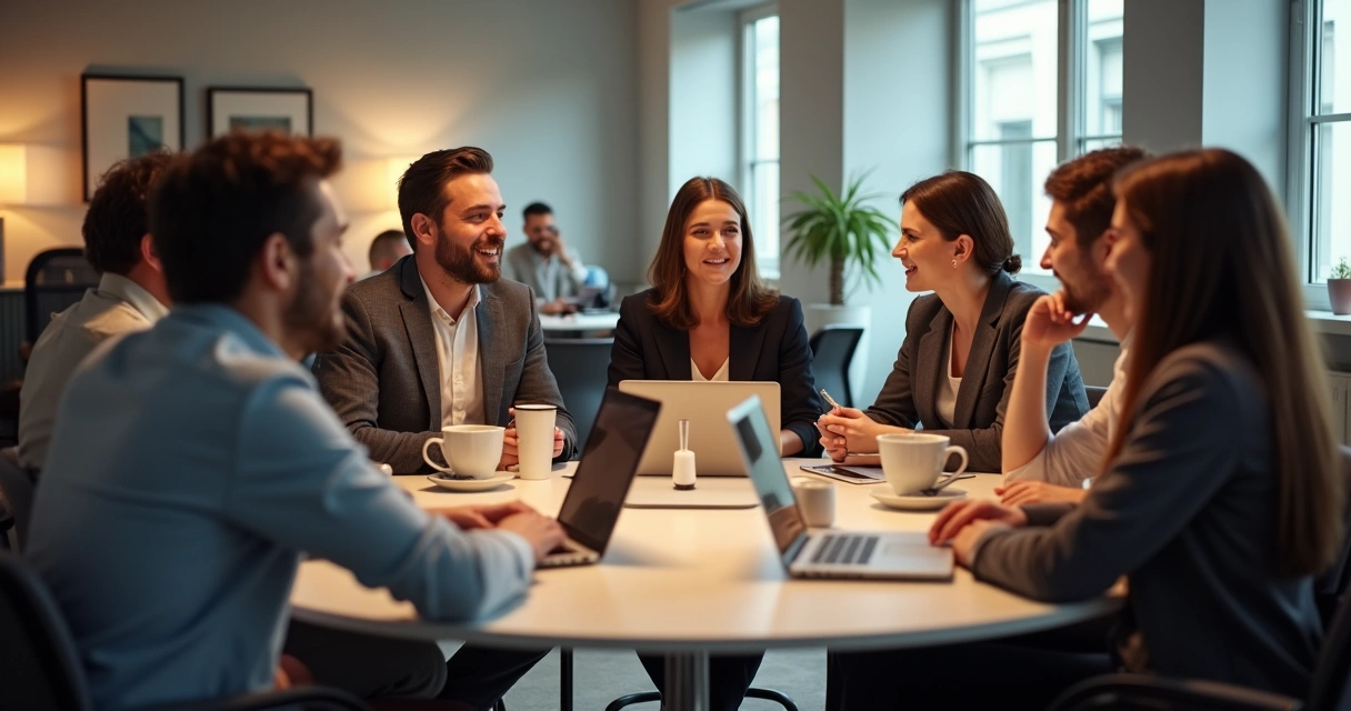 Grupo diverso de colegas compartiendo café y conversación relajada alrededor de una mesa en una oficina moderna 