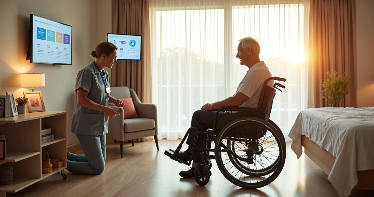 Cuidadora ajustando apoio de idoso em cadeira adaptada em quarto de ILPI 
