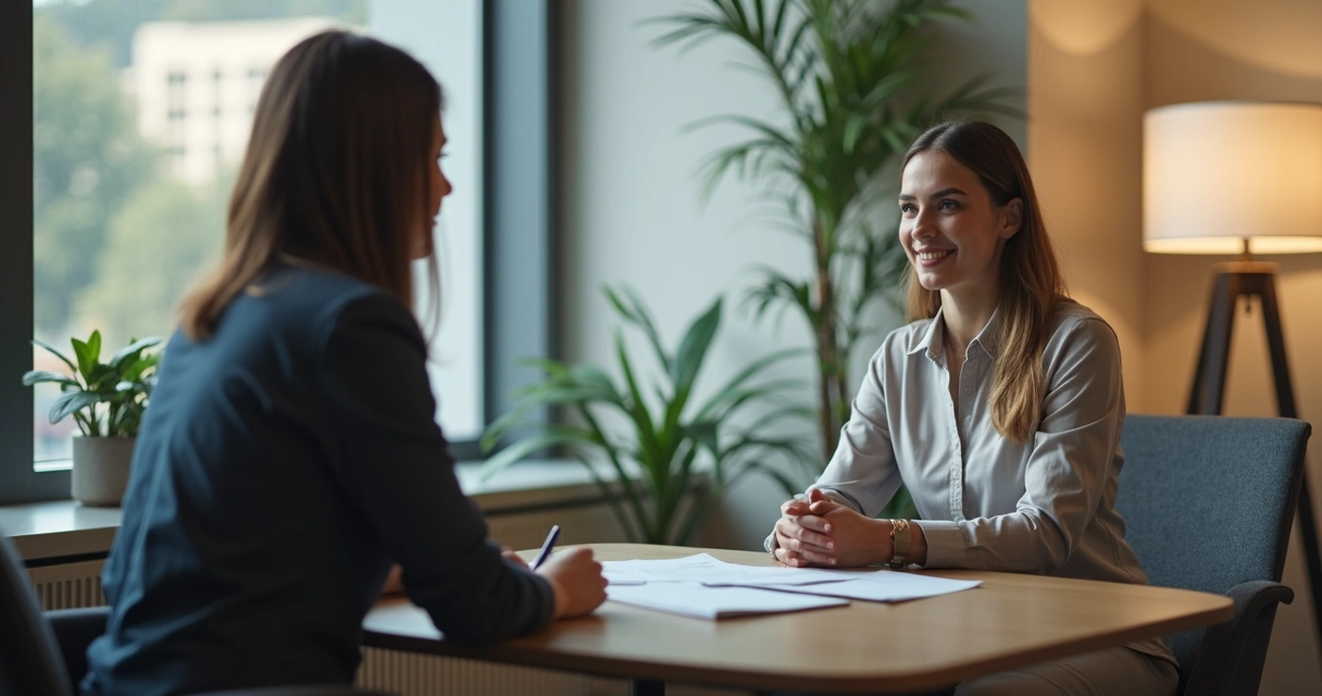 Profissional de RH conversando com colaboradora em sala privativa do escritório 