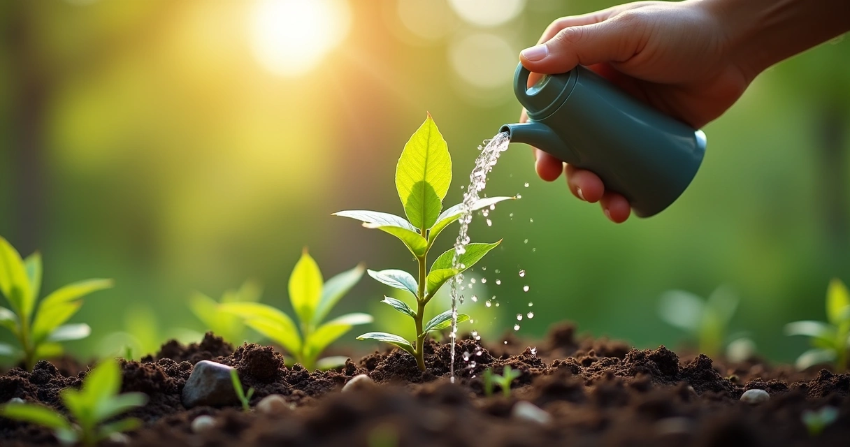 Pessoa regando planta em ambiente natural com luz suave 