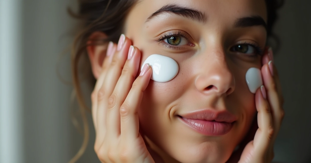 Manos aplicando crema en el rostro y el contorno de ojos de una mujer adulta