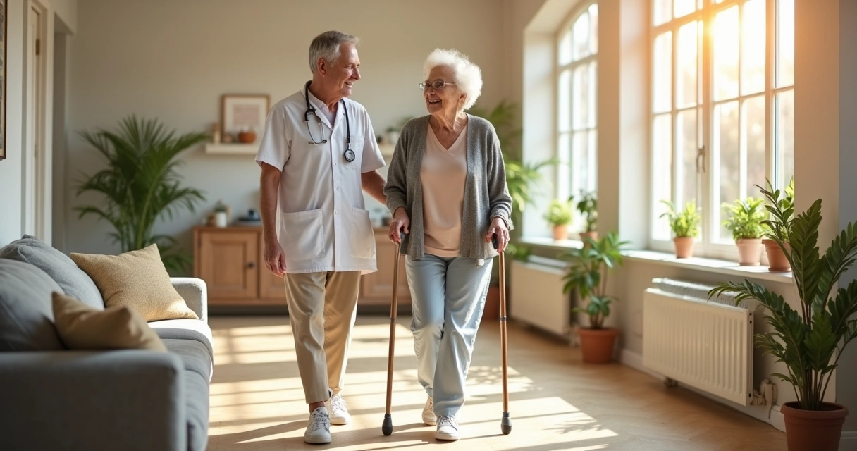 Cuidador acompanha idoso andando em sala clara, ambos sorrindo 
