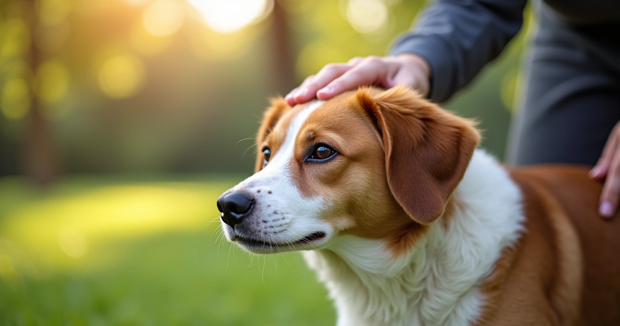 Pessoa acariciando cachorro em ambiente natural 