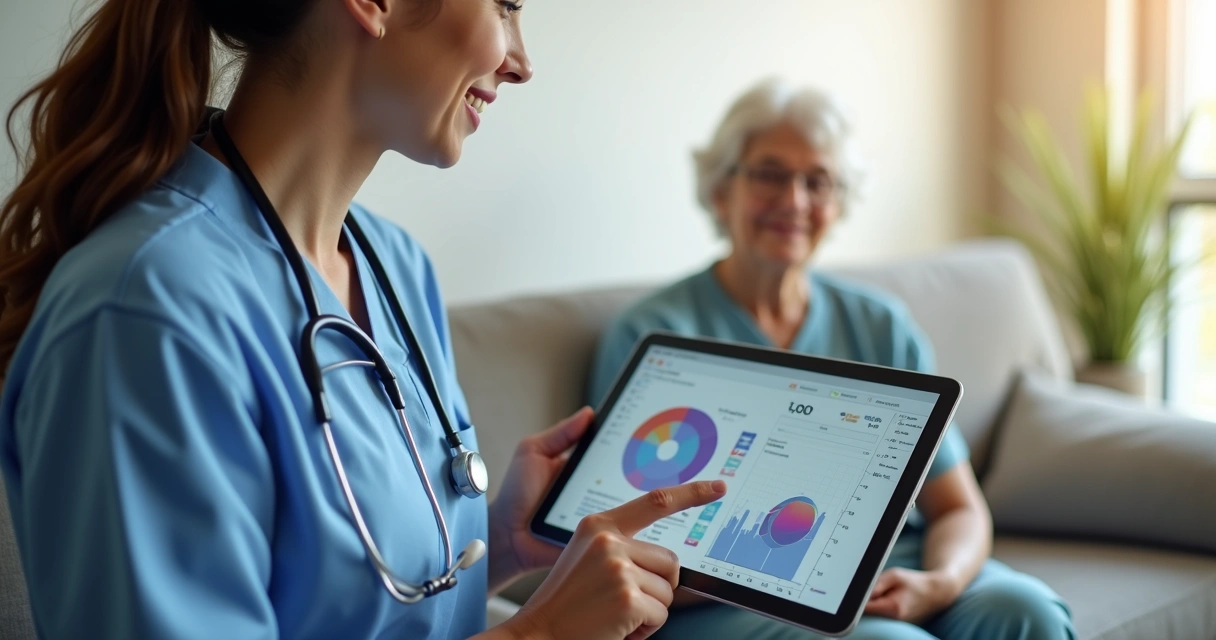 Enfermeiro usando tablet em casa de paciente