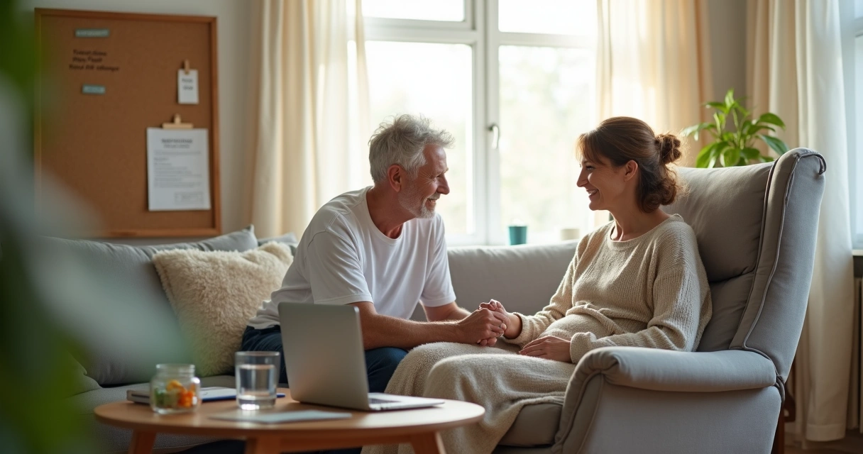 Cuidador familiar segurando a mão de paciente oncológico em sala de estar iluminada 