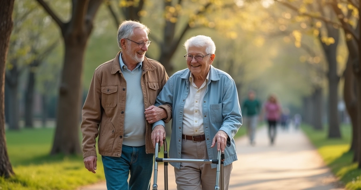 Profissional caminhando ao lado de idoso em parque 