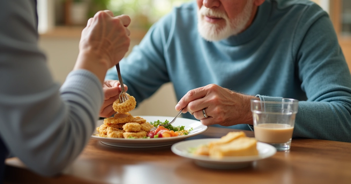 Cuidador alimentando idoso sentado com comida adaptada em recipiente 