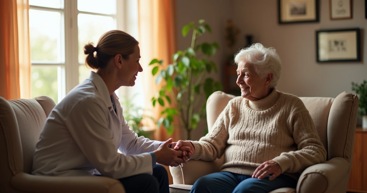 Cuidador atento segurando a mão de idoso com Alzheimer em ambiente acolhedor de casa 