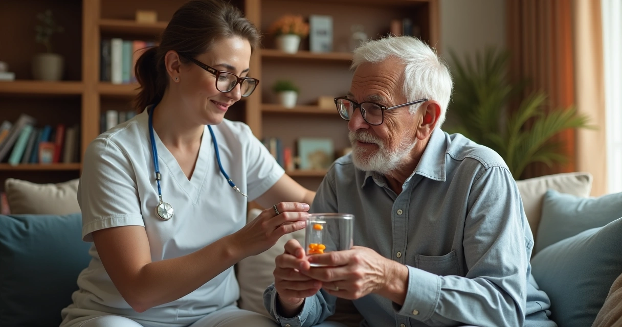 Cuidador auxiliando idoso a tomar medicamento 