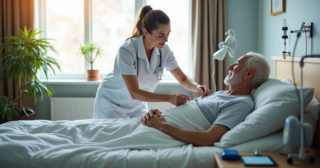 Cuidador auxiliando idoso com equipamento médico em casa 