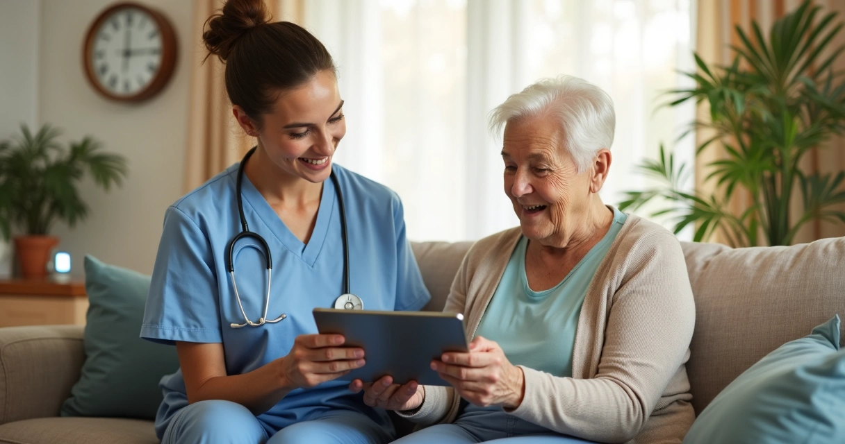 Cuidador utilizando dispositivo tecnológico ao lado de idoso sentado em poltrona confortável 