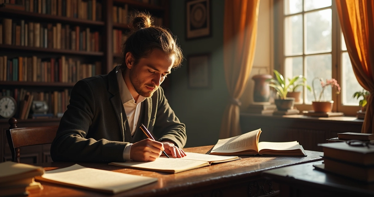 Pessoa em ambiente aconchegante traduzindo textos antigos com livros e cadernos ao redor 