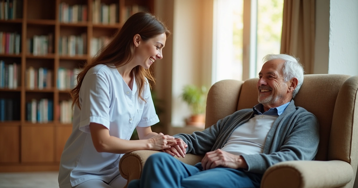 Cuidadora segurando a mão de um idoso sentado em poltrona, ambos sorrindo levemente na sala de estar